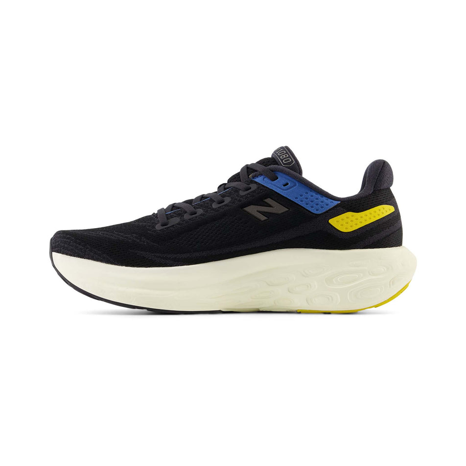 Medial side of the right shoe from a pair of New Balance Men's Fresh Foam X 1080 v13 Running Shoes in the Black with blue agate and ginger lemon colourway (8153434259618)