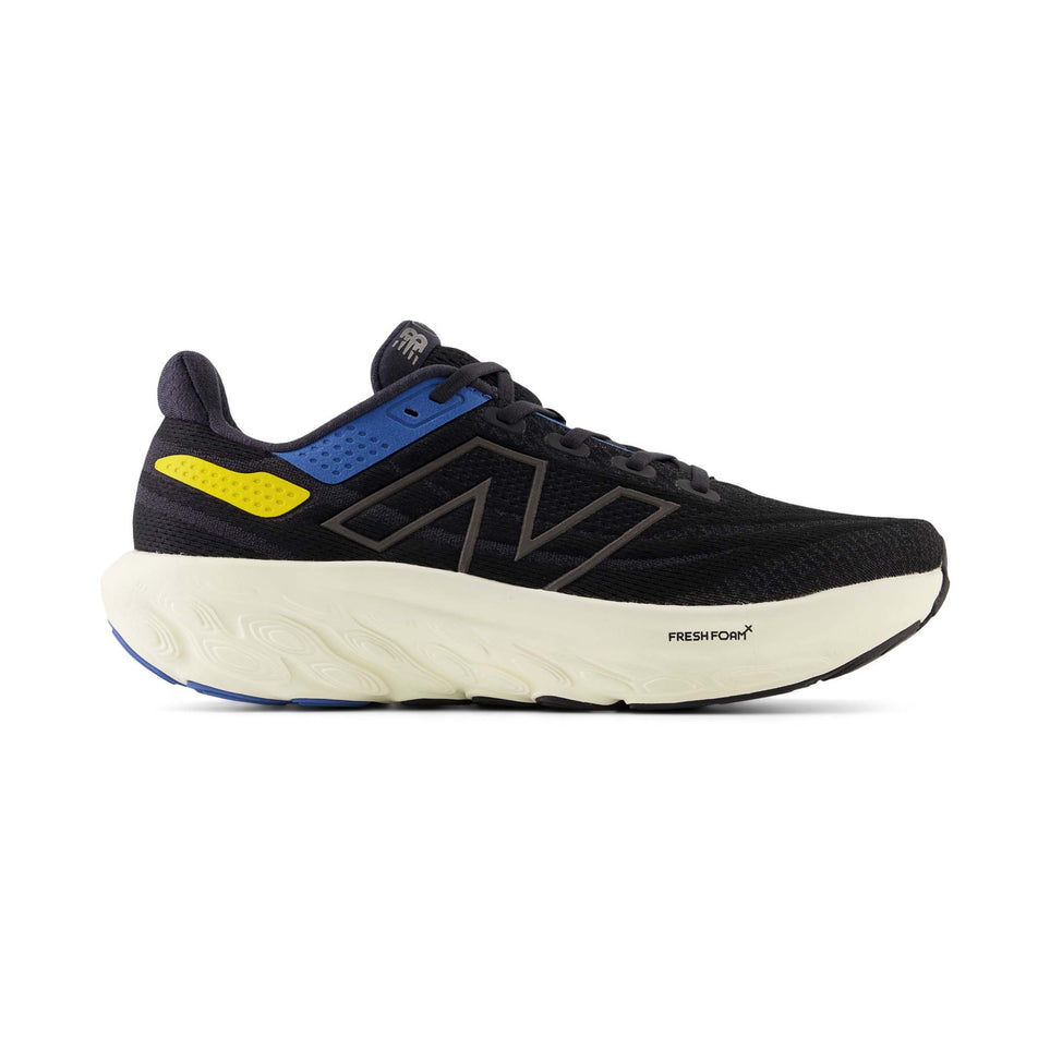 Lateral side of the right shoe from a pair of New Balance Men's Fresh Foam X 1080 v13 Running Shoes in the Black with blue agate and ginger lemon colourway (8153434259618)