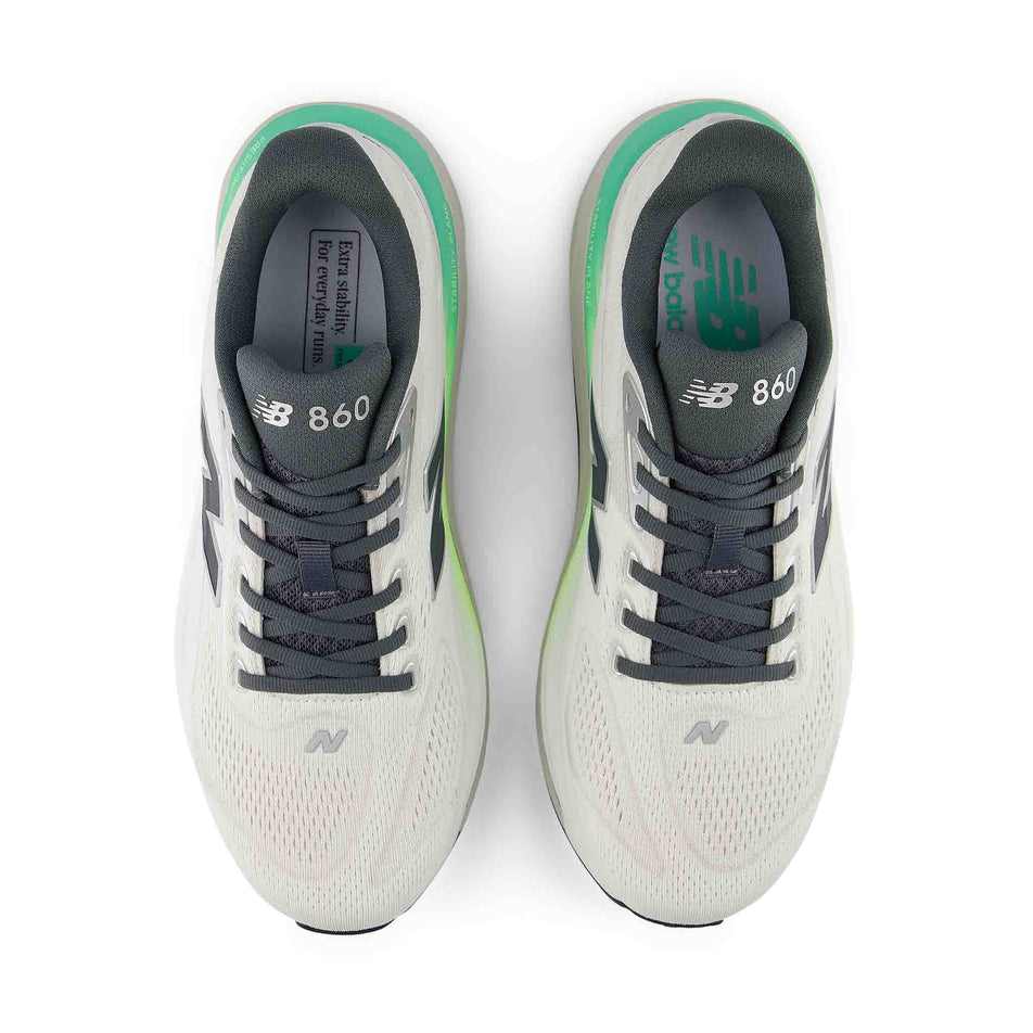 The uppers of a pair of New Balance Men's Fresh Foam X 860 V15 Running Shoes in the Reflection/Graphite colourway.