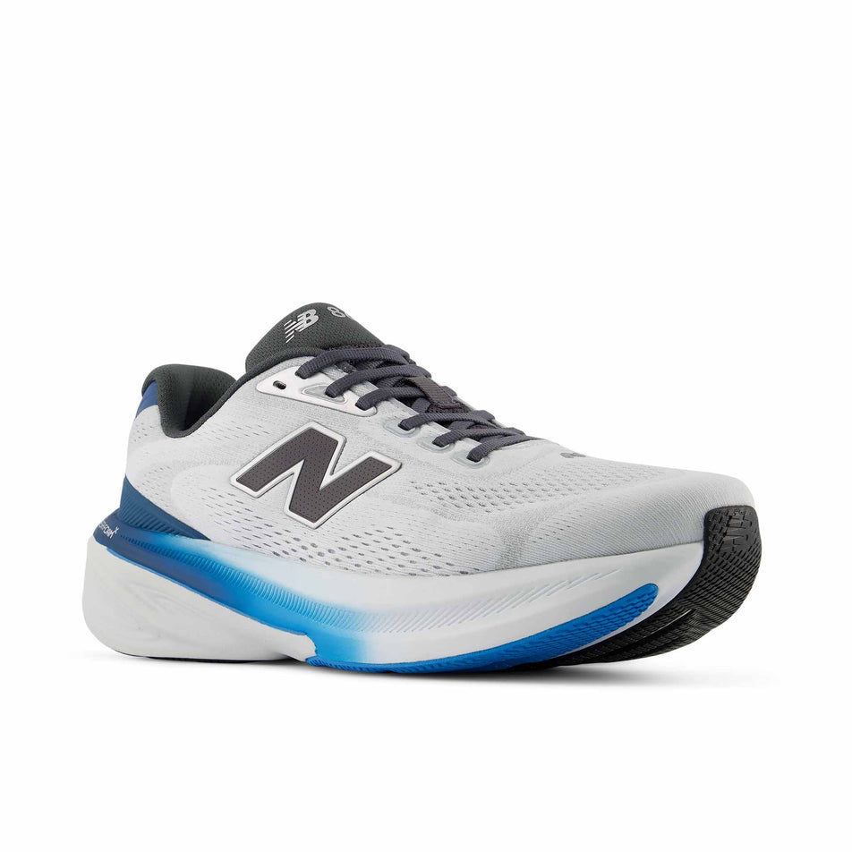 Lateral view of the right shoe from a pair of New Balance Men's Fresh Foam X 860 V15 Running Shoes in the Quartz Grey/Altitude colourway.