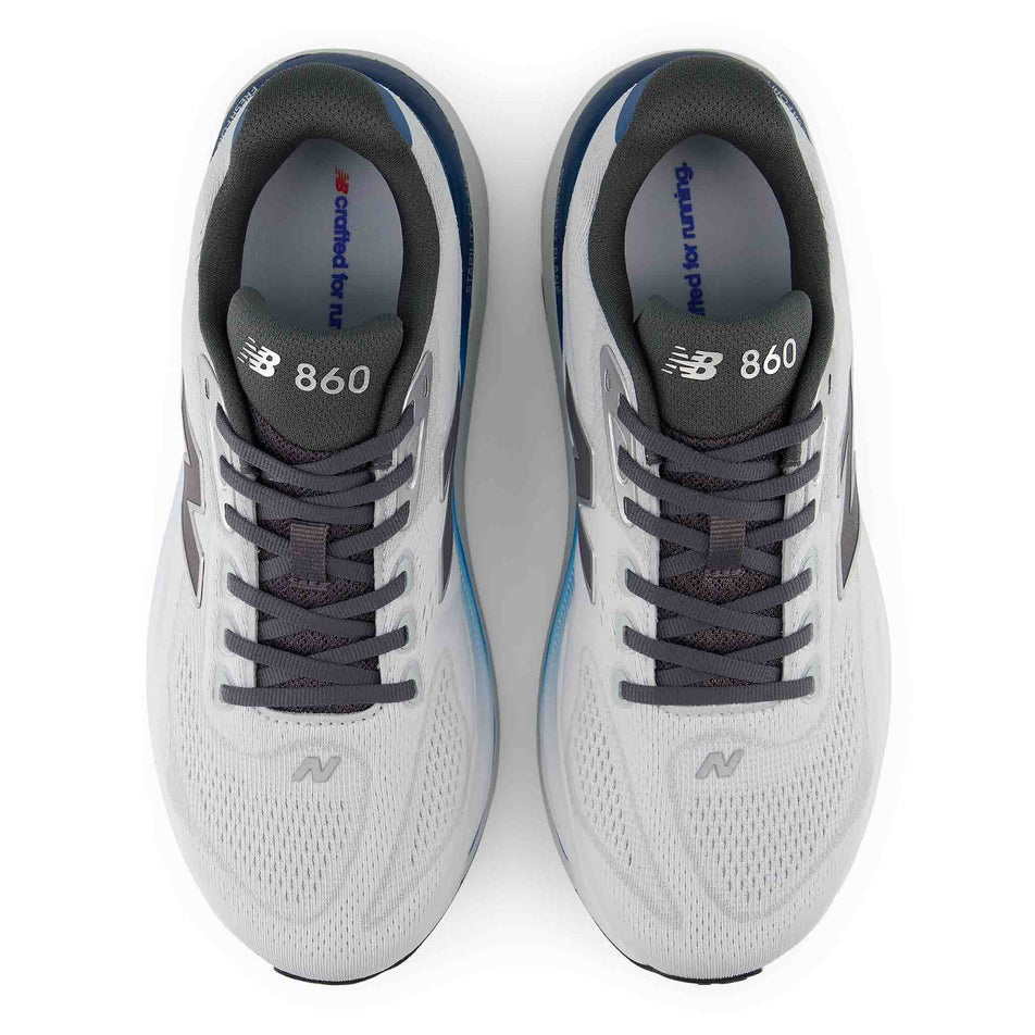 The uppers of a pair of New Balance Men's Fresh Foam X 860 V15 Running Shoes in the Quartz Grey/Altitude colourway.