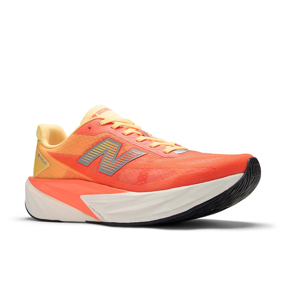 Lateral view of right shoe from a pair of New Balance Men's Fuelcell Rebel V5 Running Shoes in the Tangerine Heat colourway.