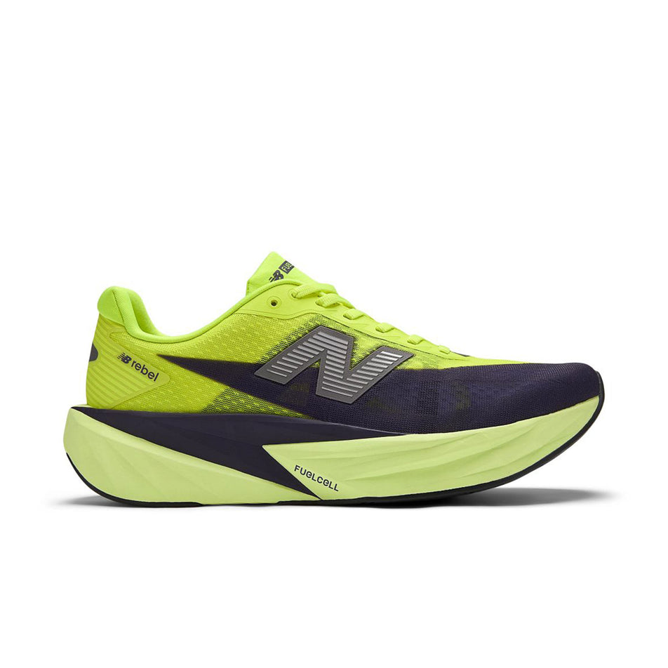 Lateral view of the right shoe from a pair of New Balance Men's Fuelcell Rebel V5 Running Shoes in the Alkaline Green colourway.