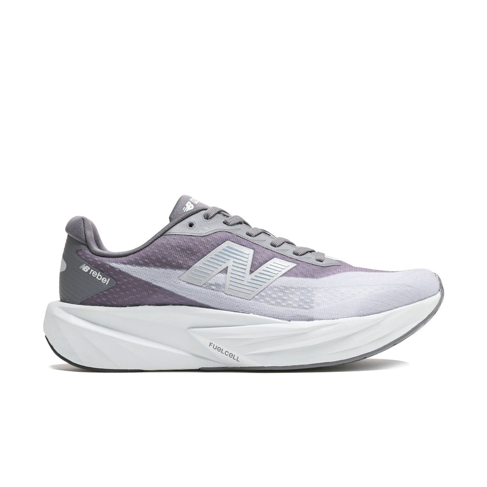Lateral view of the right shoe from a pair of New Balance Men's Fuelcell Rebel V5 Running Shoes in the Magnet/Light Zinc Blue colourway.