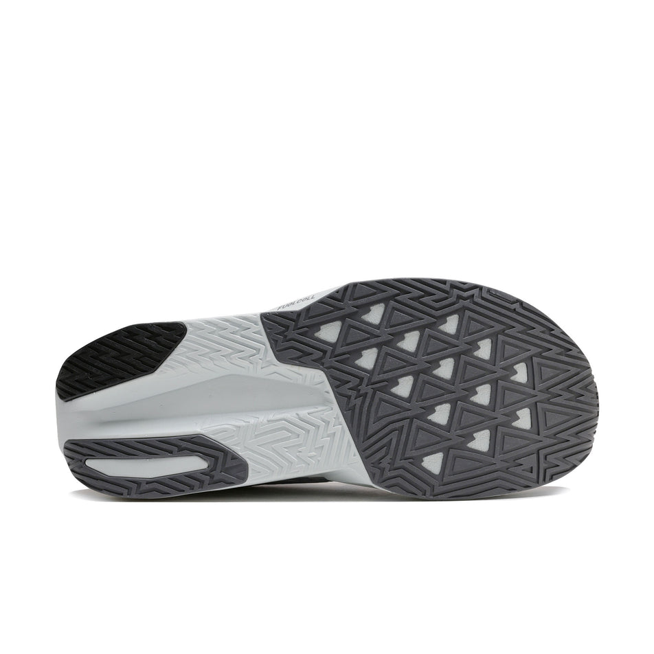 The outsole of the right shoe from a pair of New Balance Men's Fuelcell Rebel V5 Running Shoes in the Magnet/Light Zinc Blue colourway.