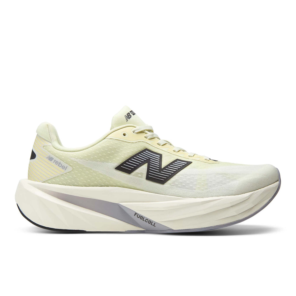 Lateral view of the right shoe from a pair of New Balance Men's Fuelcell Rebel V5 Running Shoes in the Pistachio Butter/Digital Mist colourway.