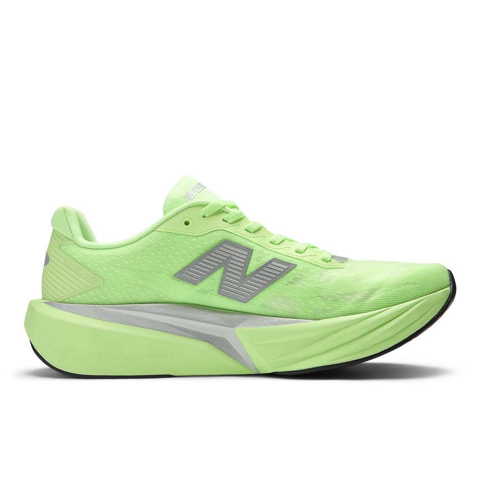 Medial view of the left shoe from a pair of New Balance Men's FuelCell Rebel v5 Running Shoes in the Mint Flash colourway. (8721899094178)