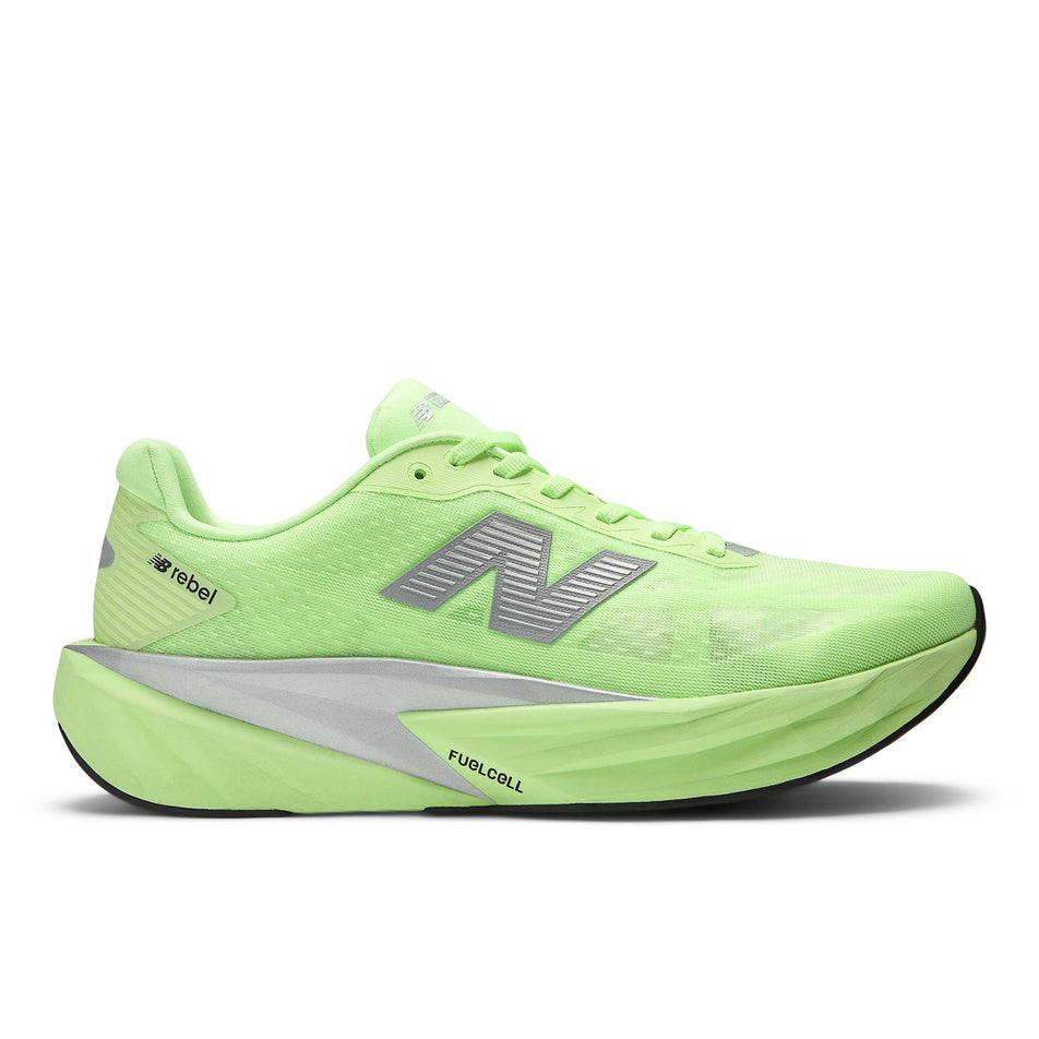 Lateral view of the right shoe from a pair of New Balance Men's FuelCell Rebel v5 Running Shoes in the Mint Flash colourway.  (8721899094178)
