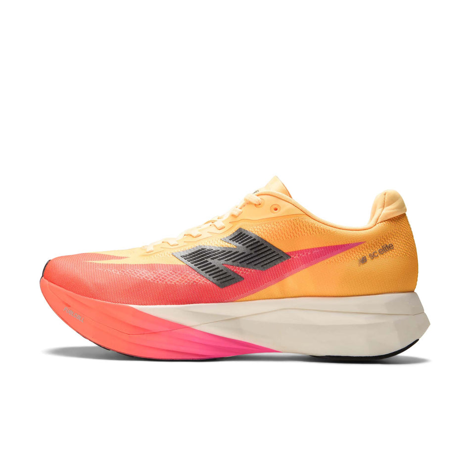 Medial view of the right shoe from a pair of New Balance Men's FuelCell SuperComp Elite V5 Running Shoes in the Tangerine Heat colourway.