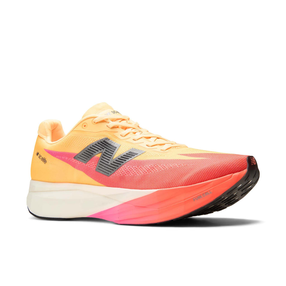 Lateral view of the right shoe from a pair of New Balance Men's FuelCell SuperComp Elite V5 Running Shoes in the Tangerine Heat colourway.