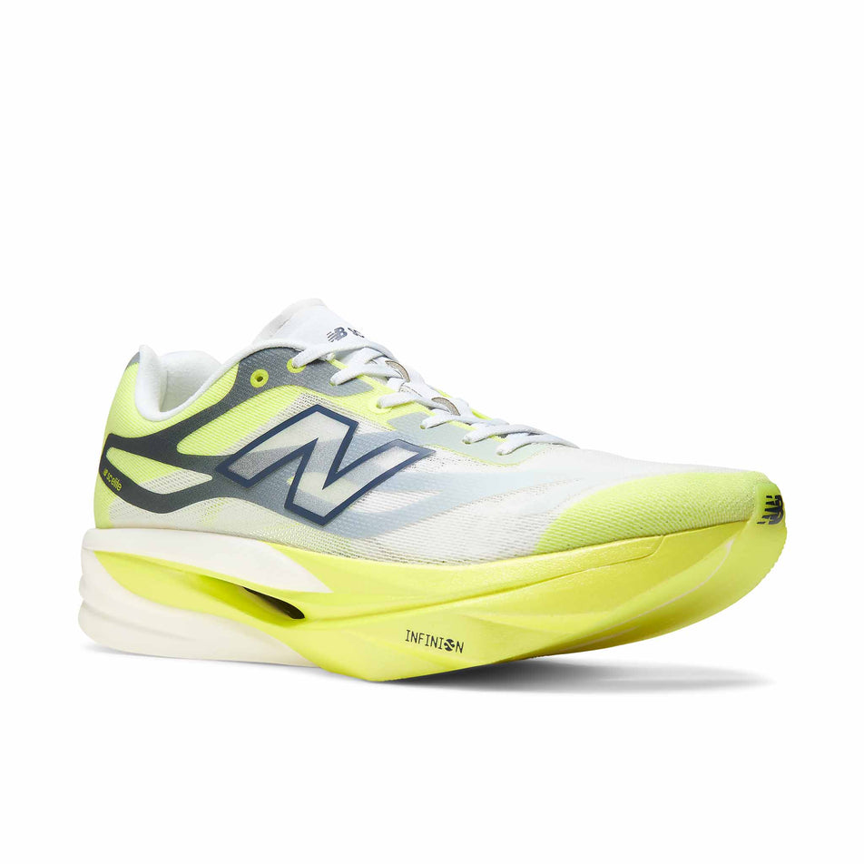 Lateral view of the right shoe from a pair of New Balance Men's FuelCell SuperComp Elite V6 Running Shoes in the Fresh Air/Alkaline Green colourway.