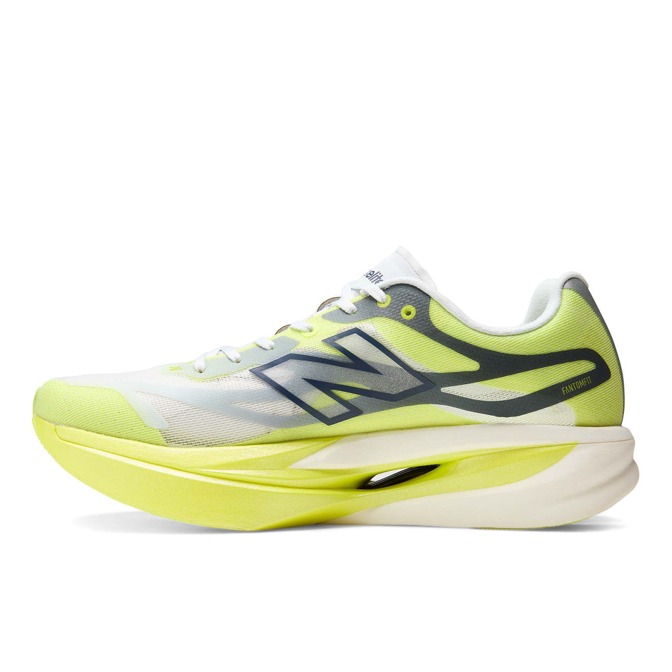 Medial view of the right shoe from a pair of New Balance Men's FuelCell SuperComp Elite V6 Running Shoes in the Fresh Air/Alkaline Green colourway.