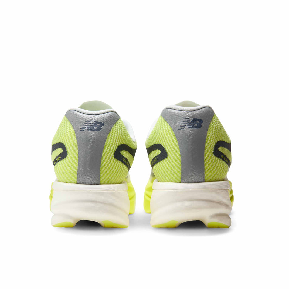 The back of a pair of New Balance Men's FuelCell SuperComp Elite V6 Running Shoes in the Fresh Air/Alkaline Green colourway.