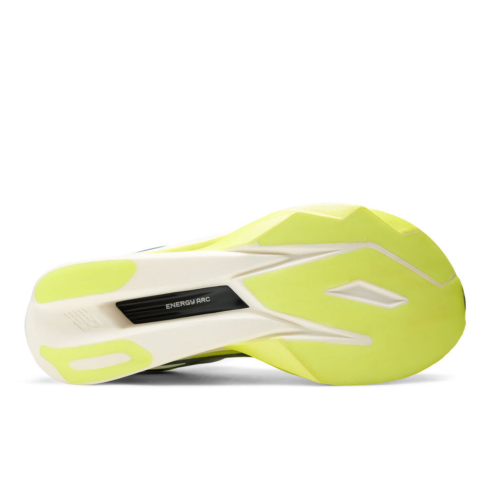The outsole of the right shoe from a pair of New Balance Men's FuelCell SuperComp Elite V6 Running Shoes in the Fresh Air/Alkaline Green colourway.