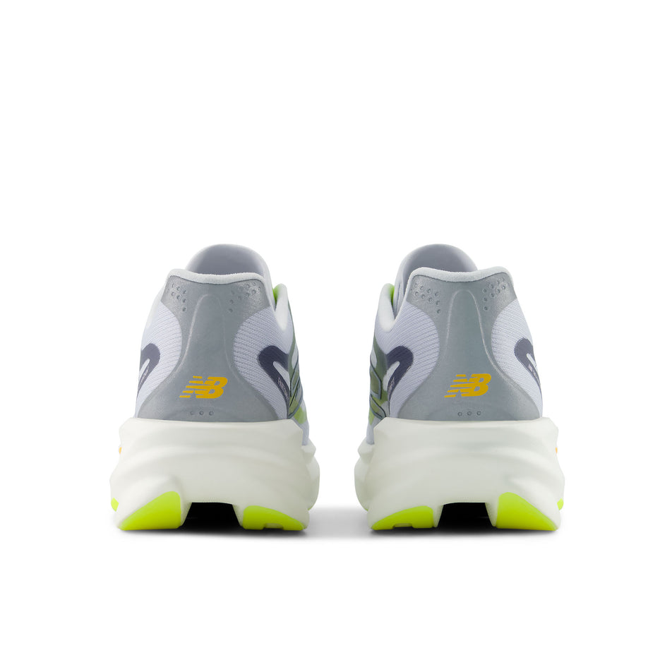 The back of a pair of New Balance Men's SC Rebel Running Shoes in the Fresh Air/Alkaline Green colourway. 