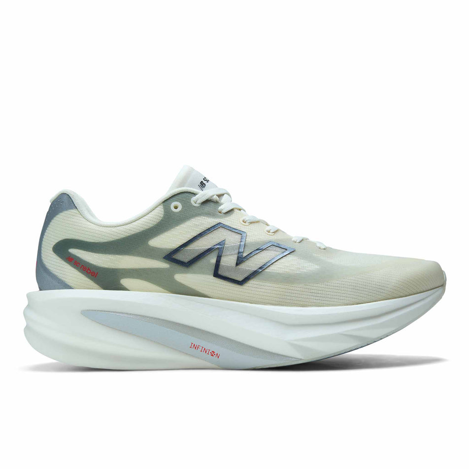 Lateral view of the right shoe from a pair of New Balance Men's SC Rebel Running Shoes in the Angora/Slate Grey colourway. 