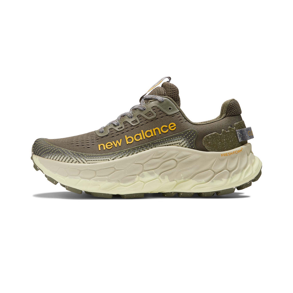Lateral side of the left shoe from a pair of New Balance Men's Fresh Foam X More Trail v3 Running Shoes in the Dark Camo colourway (8153436520610)