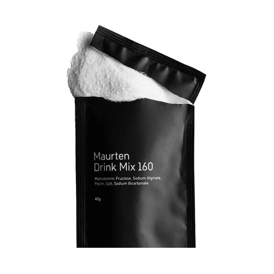 A 42 gram sachet of Maurten Drink Mix 160, with the top partially torn and the drink mix powder visible. (7077088133282)