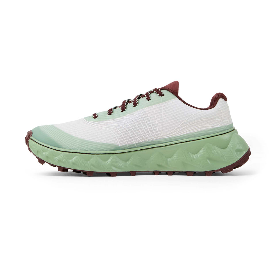 Medial view of the right shoe from a pair of NNormal Unisex Tomir 2.0 Running Shoes in the Green/White colourway.