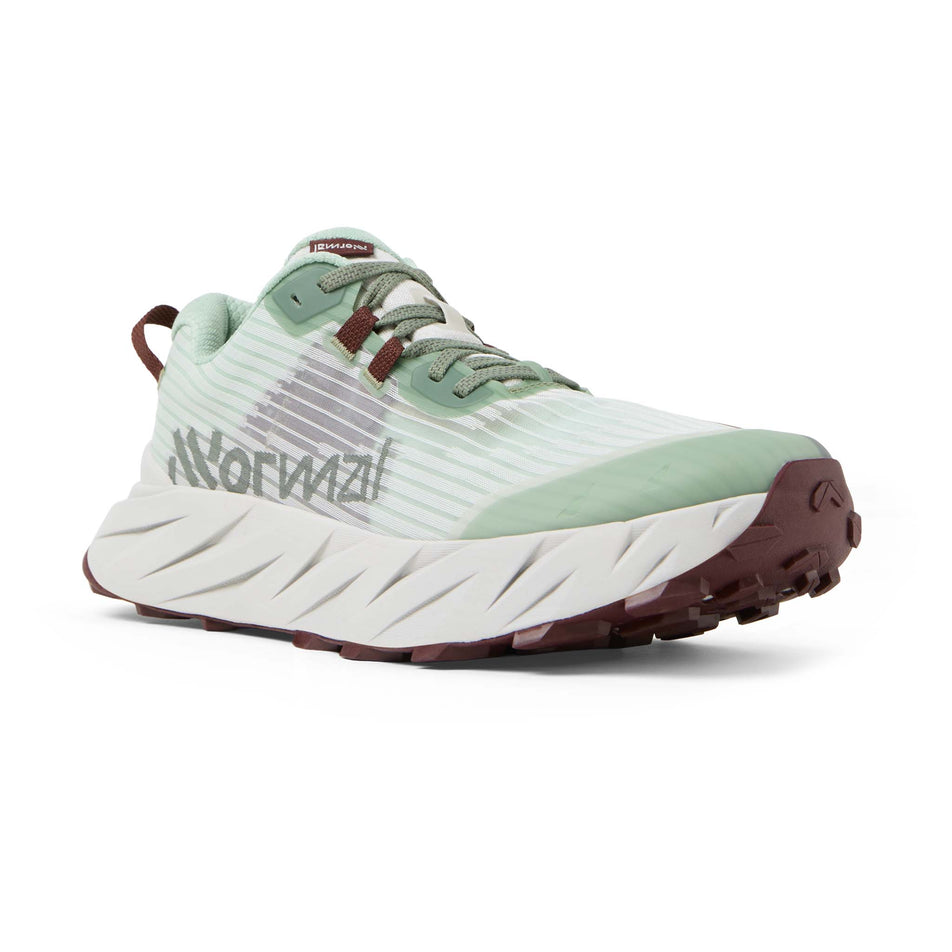 Lateral view of the right shoe from a pair of NNormal Cadí Running Shoes in the Green colourway.