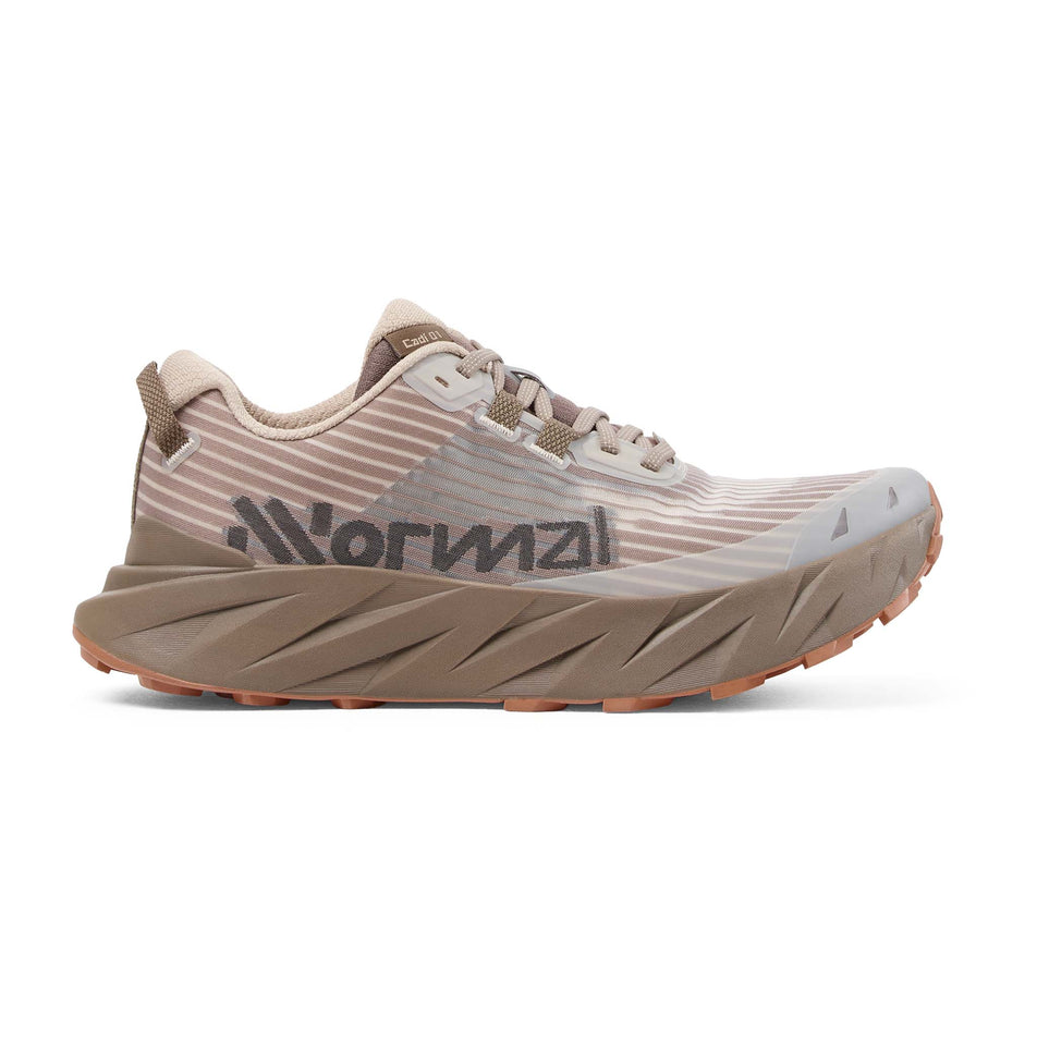 Lateral view of the right shoe from a pair of NNormal Men's Cadí Running Shoes in the Brown colourway.