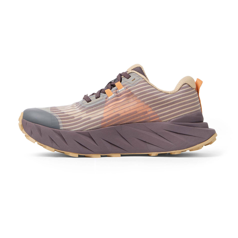 Medial view of the right shoe from a pair of NNormal Women's Cadí Running Shoes in the Beige colourway.