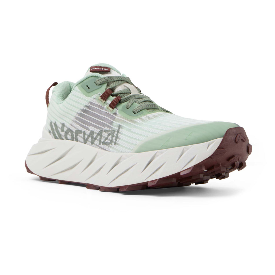 Lateral view of the right shoe from a pair of NNormal Women's Cadí Running Shoes in the Green colourway.