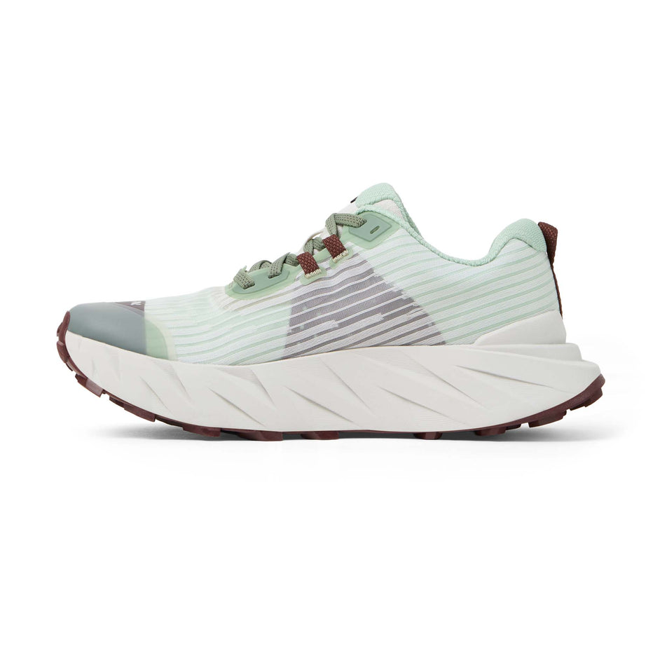 Medial view of the right shoe from a pair of NNormal Women's Cadí Running Shoes in the Green colourway.