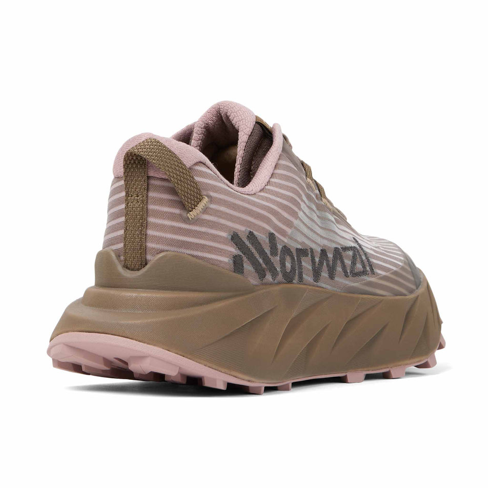 Lateral view of the right shoe from a pair of NNormal Women's Cadí Running Shoes in the Brown/Pink colourway.