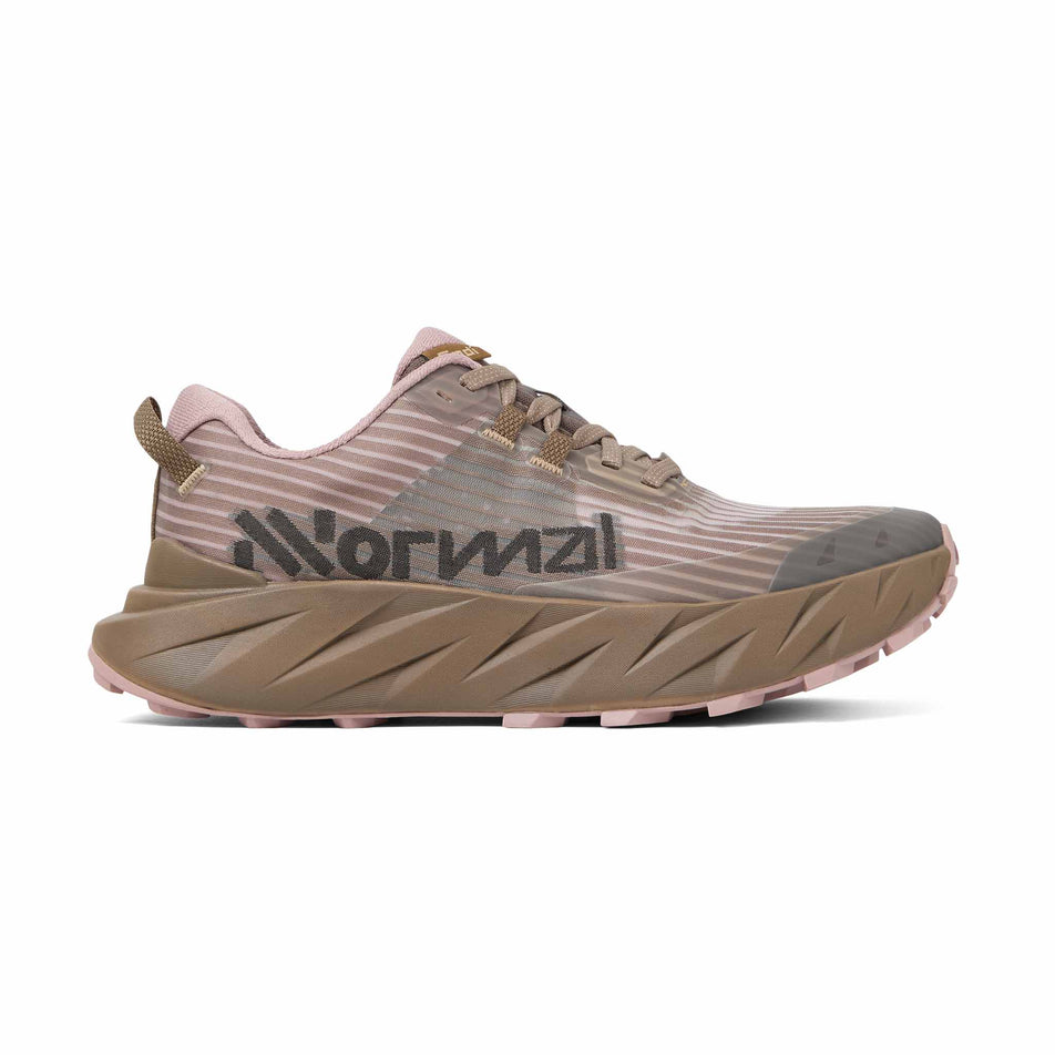 Lateral view of the right shoe from a pair of NNormal Women's Cadí Running Shoes in the Brown/Pink colourway.