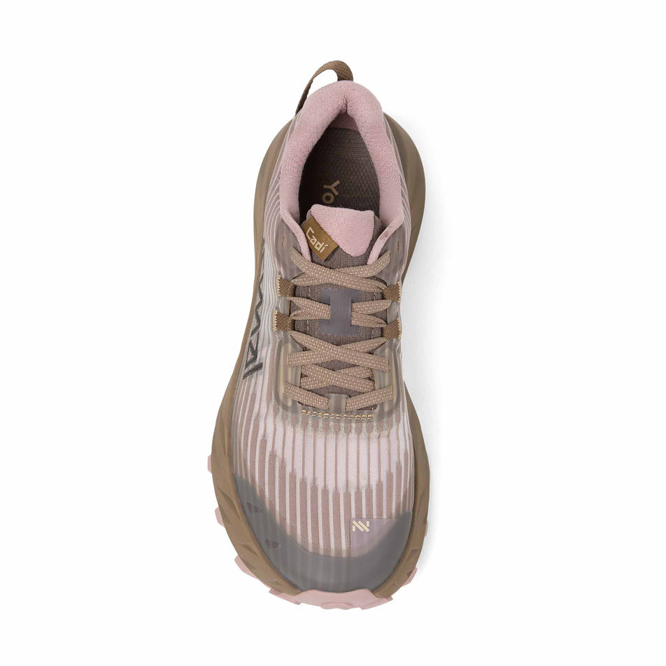 The upper of the right shoe from a pair of NNormal Women's Cadí Running Shoes in the Brown/Pink colourway.