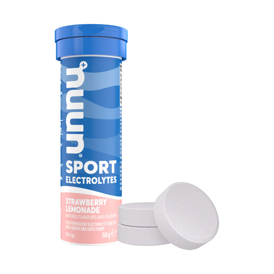 A tube of Nuun Sport Hydration Tablets and three individual tablets. Strawberry Lemonade flavour. (8642920349858)