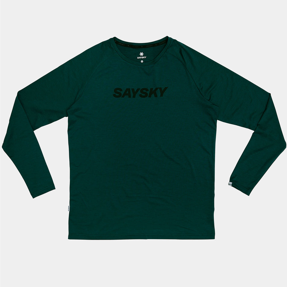 Front view of  the SAYSKY Men's Logo Pace Long Sleeve in the Green colourway. (8731670249634)