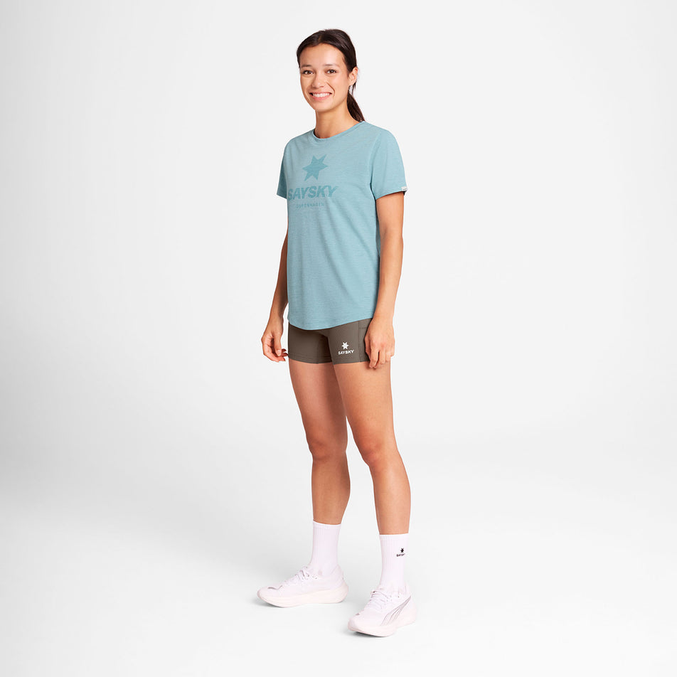 Front view of a model wearing the SAYSKY Women's Logo Combat Pro T-Shirt in the Blue colourway.