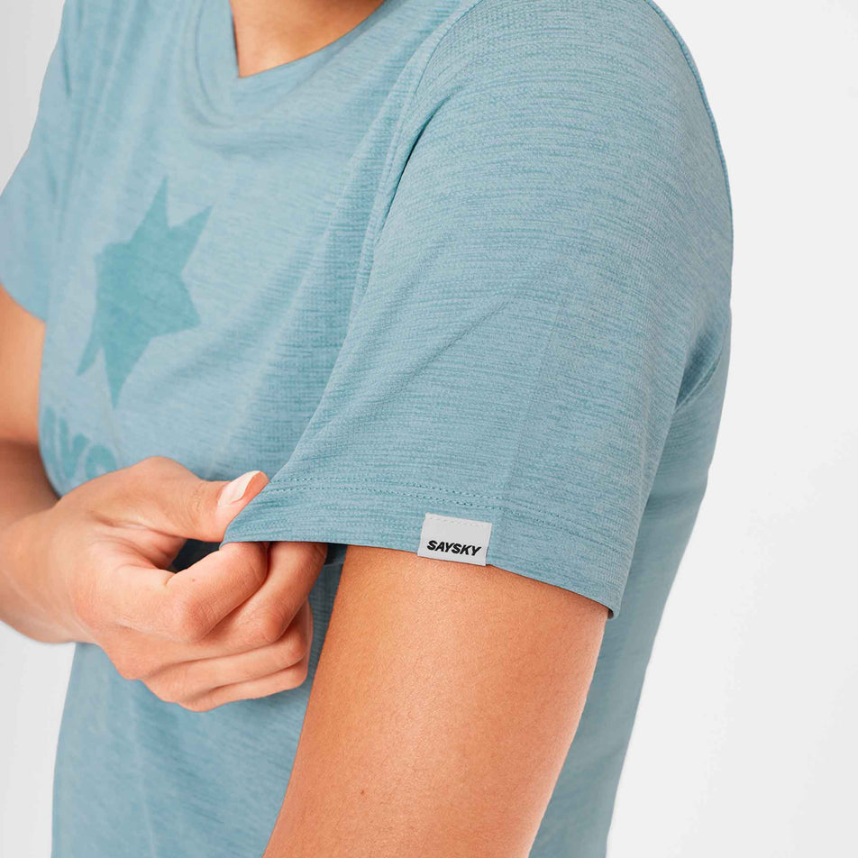 Close-up view of the sleeve of the SAYSKY Women's Logo Combat Pro T-Shirt in the Blue colourway.
