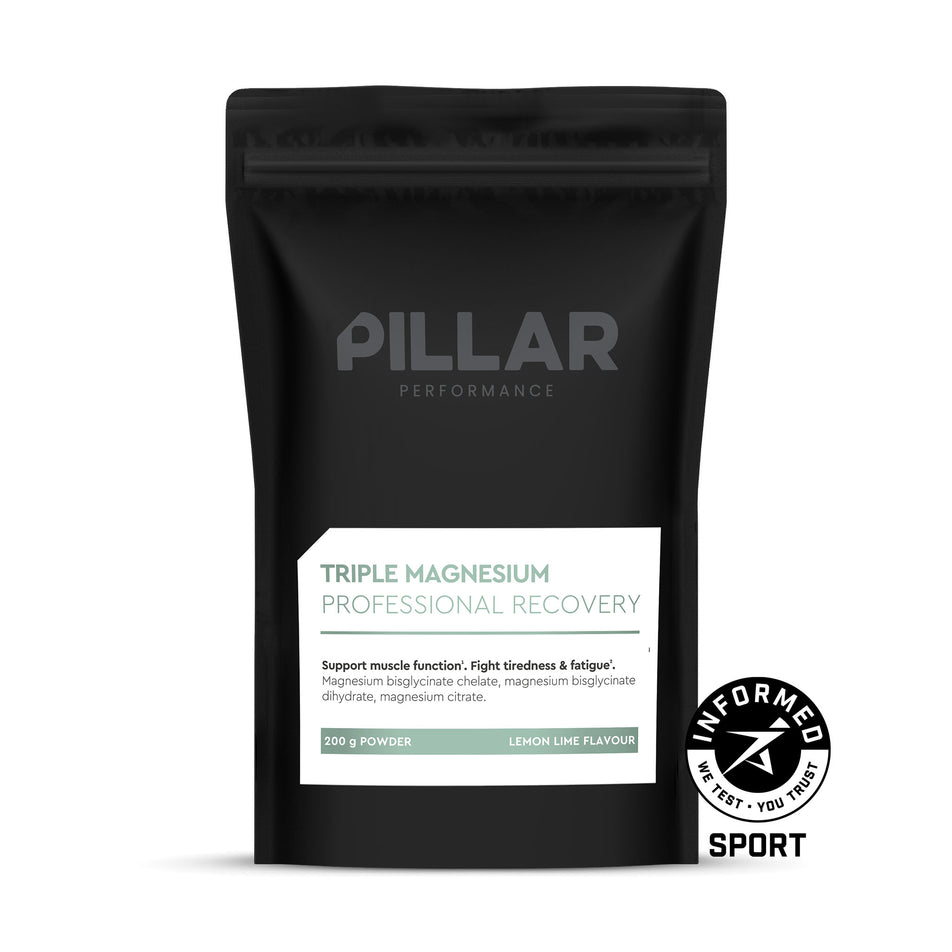 Front view of the PILLAR Performance Triple Magnesium Professional Recovery Powder in the Lemon & Lime flavour - Pouch