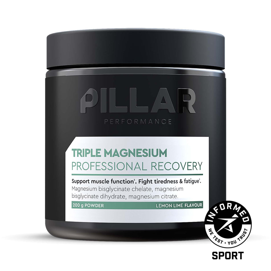 Front view of the PILLAR Performance Triple Magnesium Professional Recovery Powder in the Lemon & Lime flavour - Glass Jar