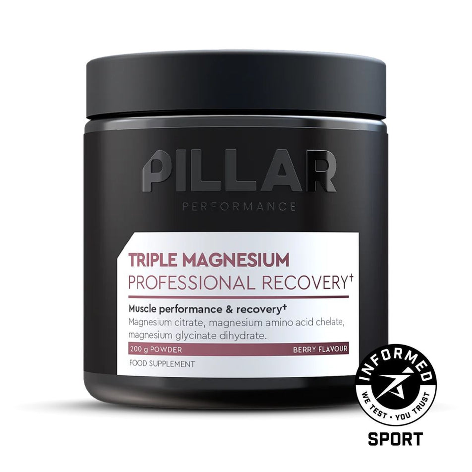A glass jar of PILLAR Performance's Triple Magnesium Professional Recovery Powder in the Berry flavour (8233067053218)