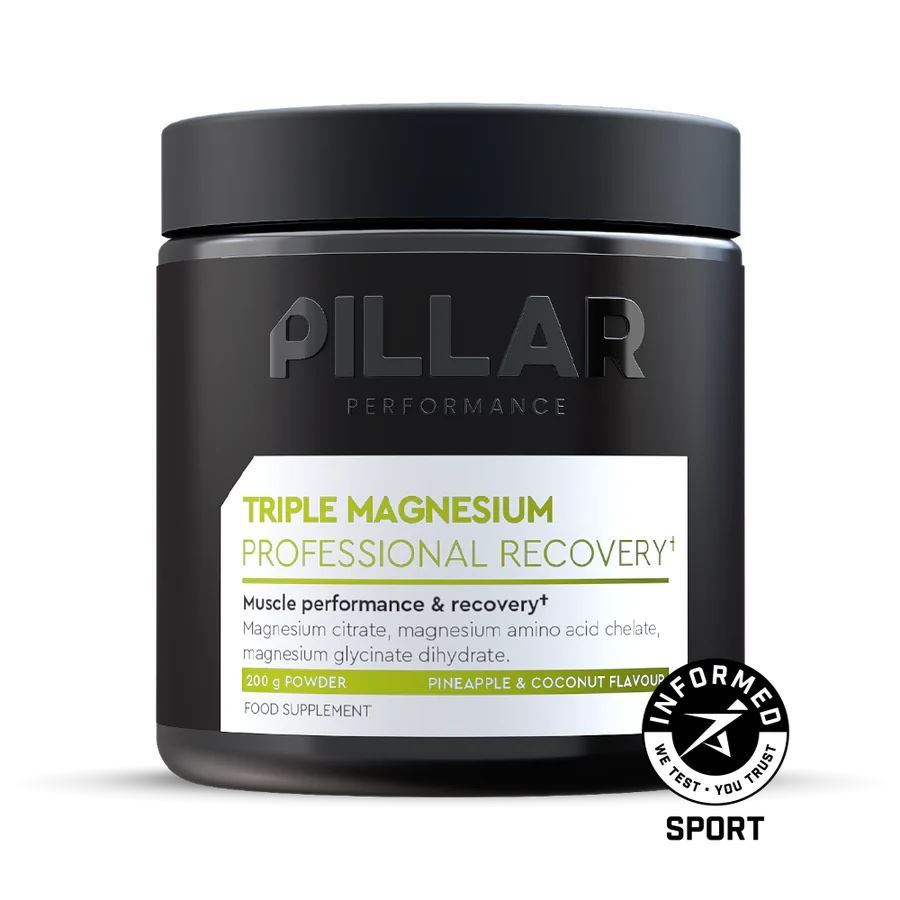 A glass jar of PILLAR Performance Triple Magnesium Professional Recovery Powder in the Pineapple & Coconut flavour  (8233075966114)