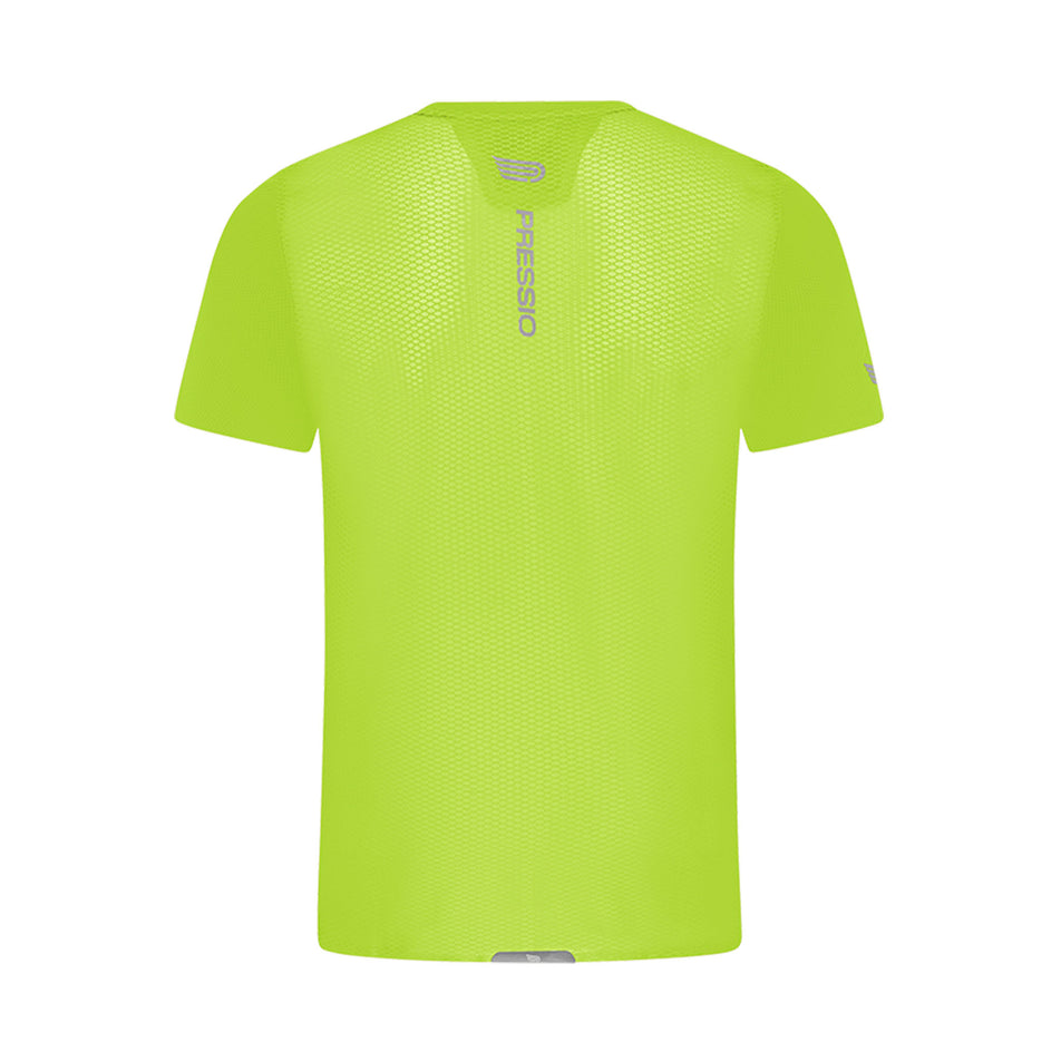 Back view of the Pressio Men's Elite S/S Top in the Fluor Green colourway.