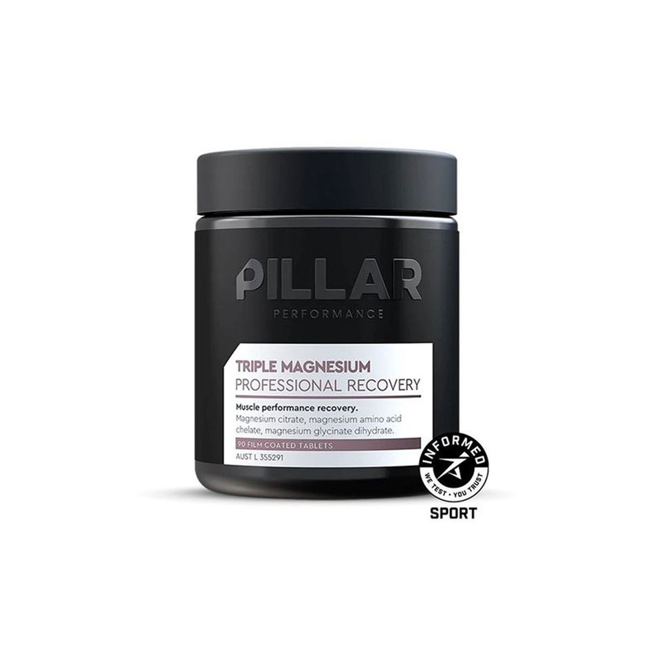 A glass jar of PILLAR Performance Triple Magnesium Professional Recovery Tablets (8233095299234)