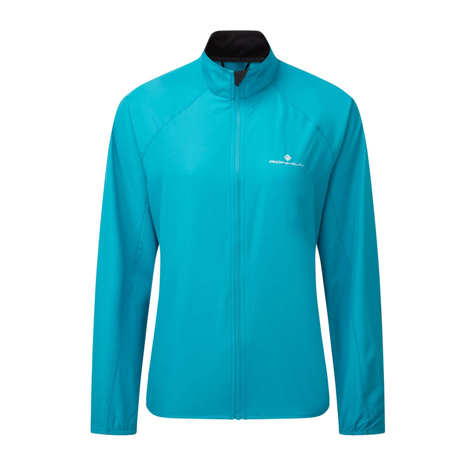Front view of a Ronhill Women's Core Jacket in the Azure/Bright White colourway (8159243108514)