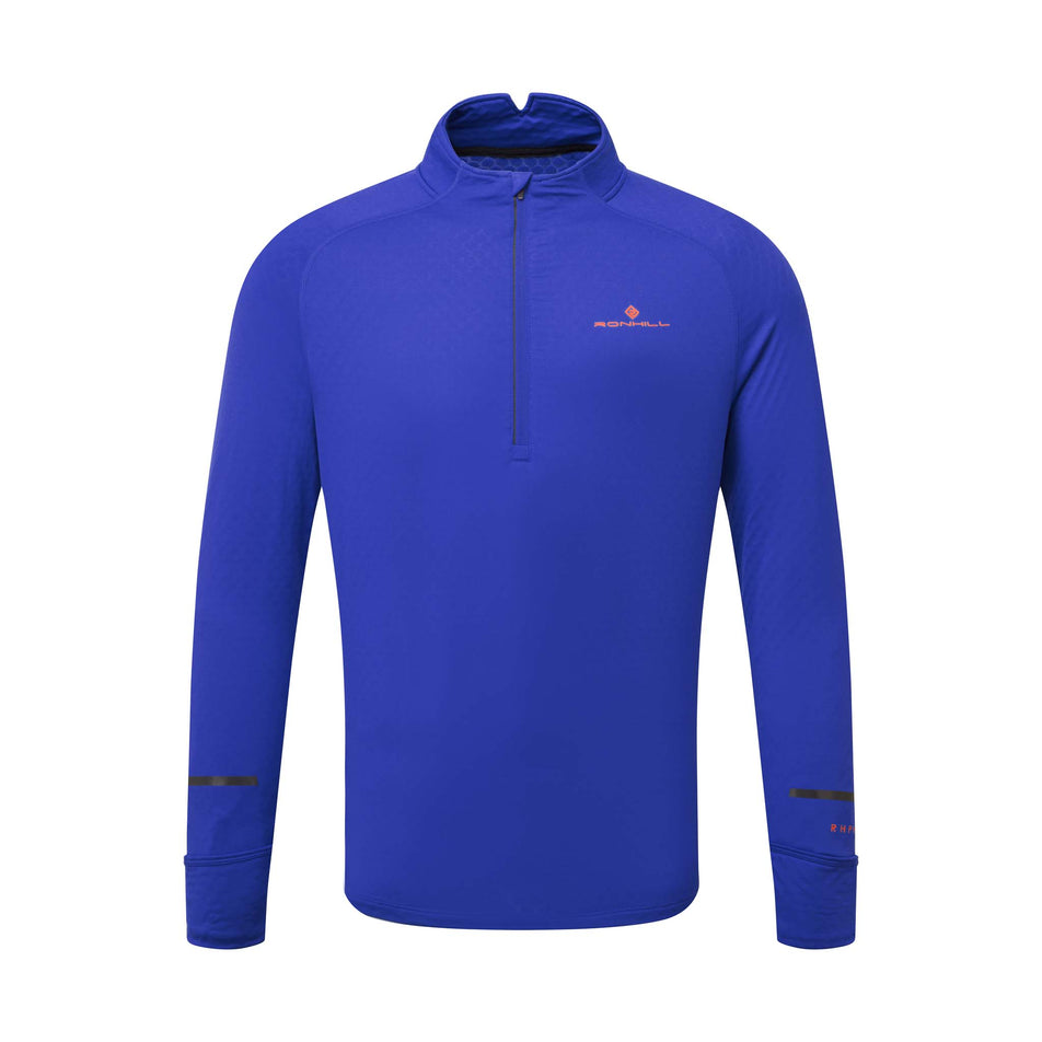 Front view of a Ronhill Men's Tech Prism 1/2 Zip Tee in the Cobalt/Flame colourway (8032256393378)