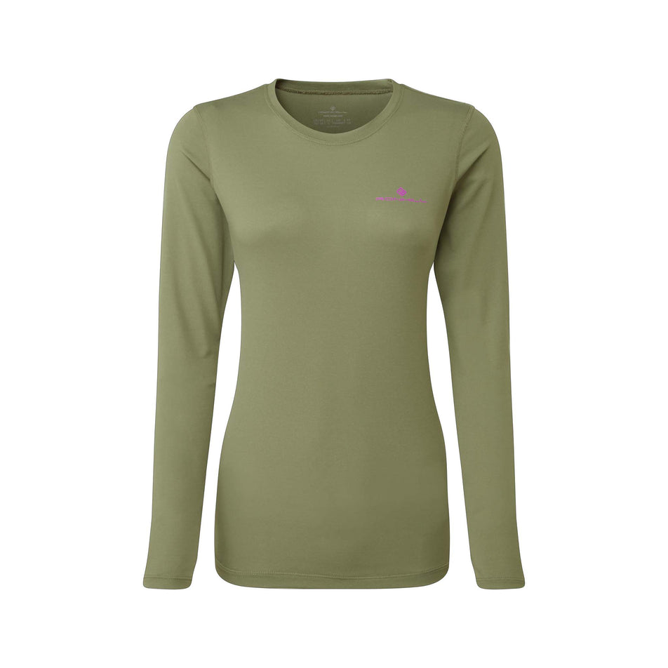Front view of a Ronhill Women's Core L/S Tee in the Woodland/Thistle colourway (8047483388066)