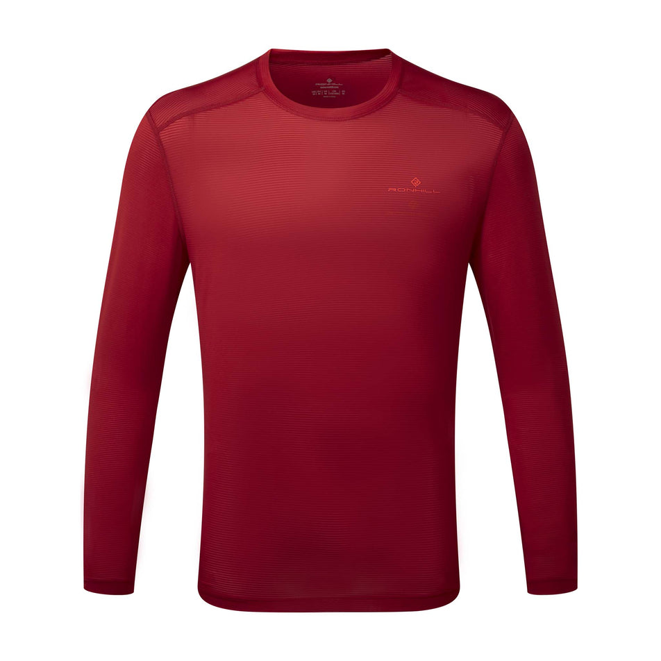 Front view of a Ronhill Men's Tech L/S Tee in the Jam/Flame colourway (8048653467810)