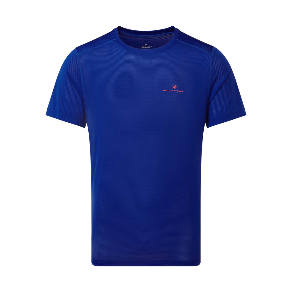 Front view of a Ronhill Men's Tech S/S Tee in the Dark Cobalt/Flame colourway (8048115253410)