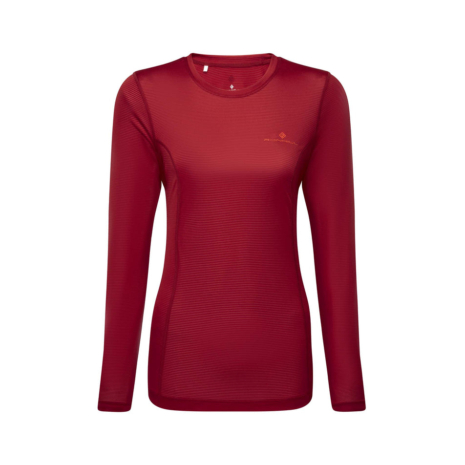 Front view of a Ronhill Women's Tech L/S Tee in the Jam/Flame colourway (8047364472994)
