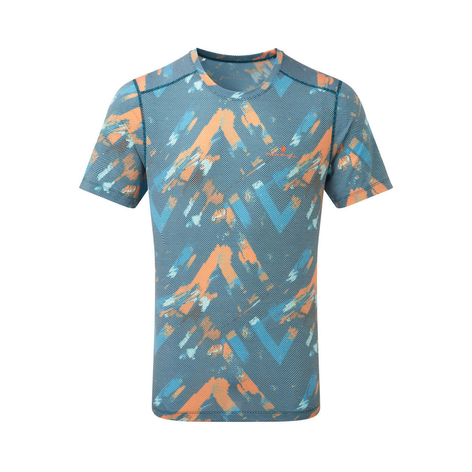 Front view of a Ronhill Men's Tech Golden Hour Tee in the Legion Blue Chevron colourway (8159267422370)