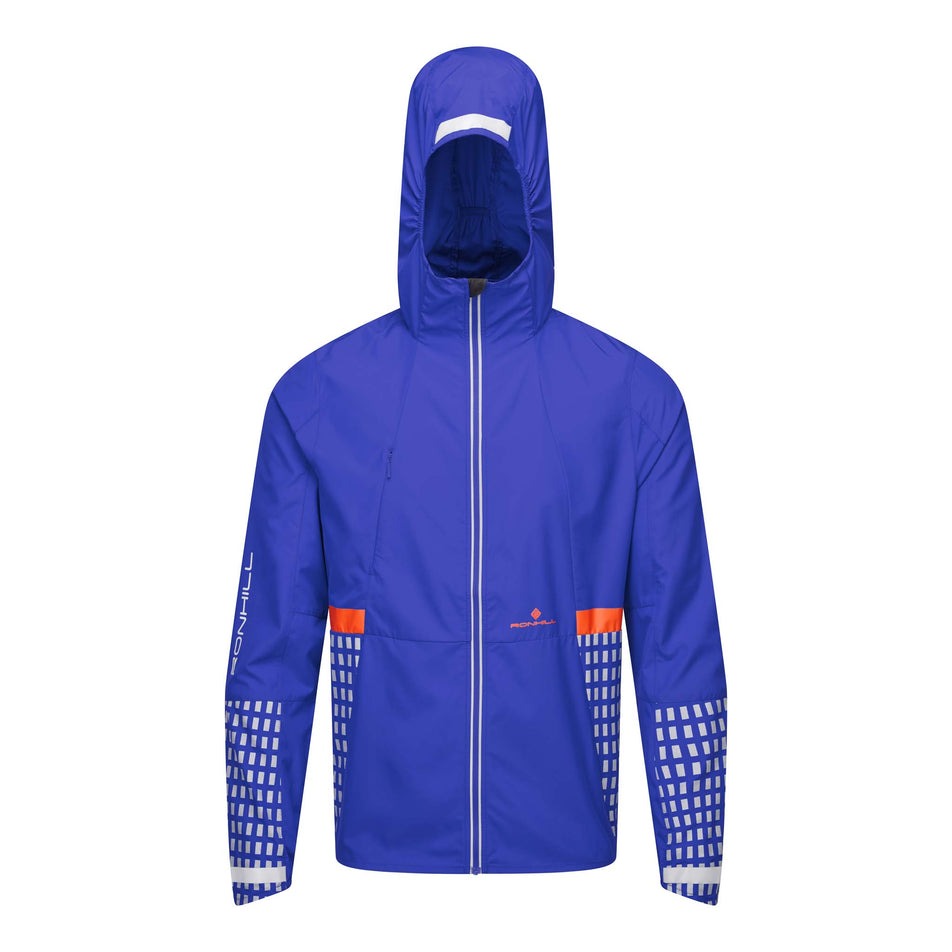 Front view of a Ronhill Men's Tech Afterhours Jacket in the Cobalt/Flame/Reflect colourway. (8032156385442)