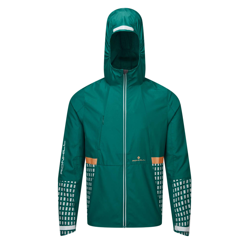 Front view of a Ronhill Men's Tech Afterhours Jacket in the Deep Lagoon/Copper Reflect colourway (8047865364642)